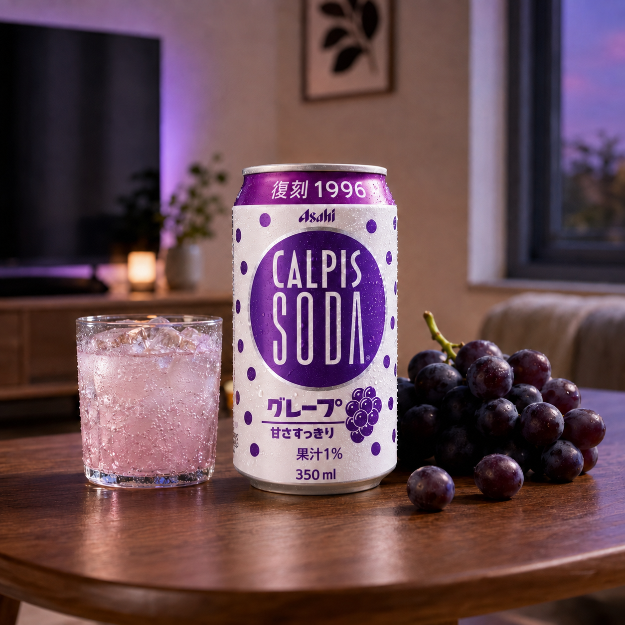 Calpis grape soda retro 1996 edition, 350 ml can with grapes and iced glass