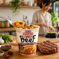 Five-Spice Beef Cup Noodles 64 g with prepared noodles and grilled beef