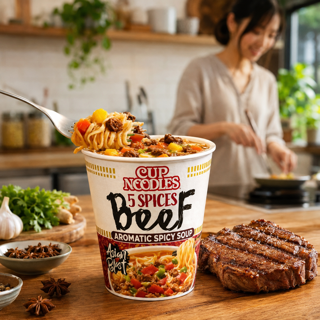 Five-Spice Beef Cup Noodles 64 g with prepared noodles and grilled beef