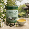 Jasmine Pearl green tea in a pale jade tin with jasmine flowers and a cup of tea
