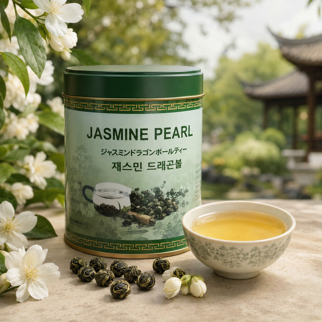 Jasmine Pearl green tea in a pale jade tin with jasmine flowers and a cup of tea