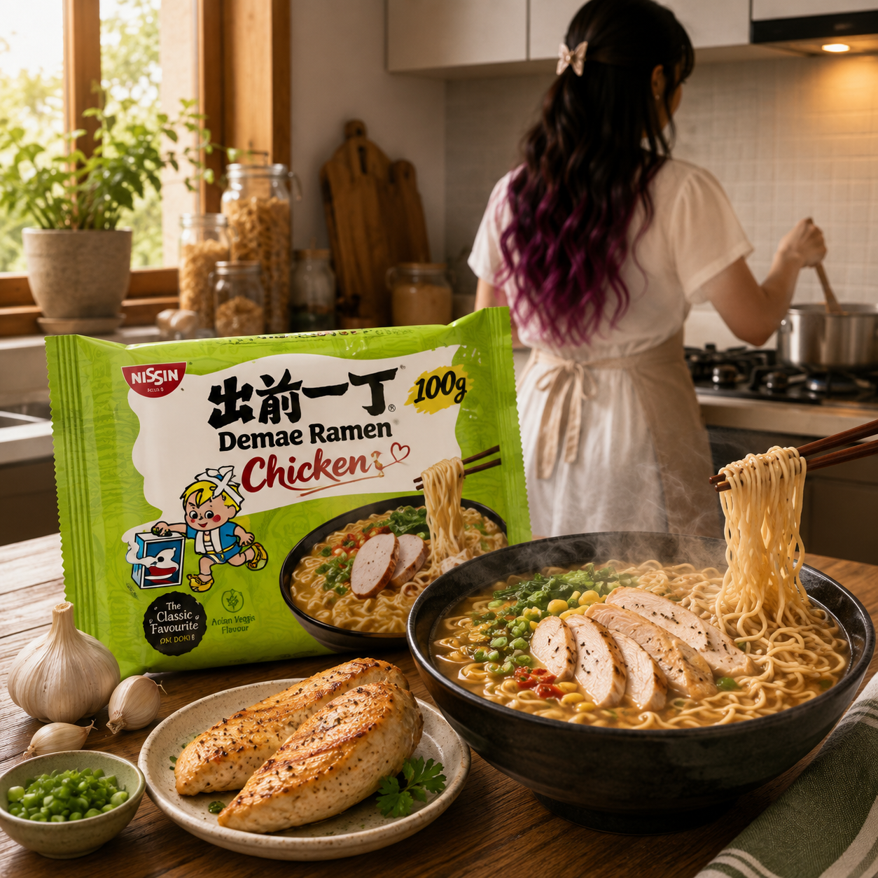 Nissin Demae Chicken Ramen 100 g with prepared chicken ramen and Ailin cooking in the background