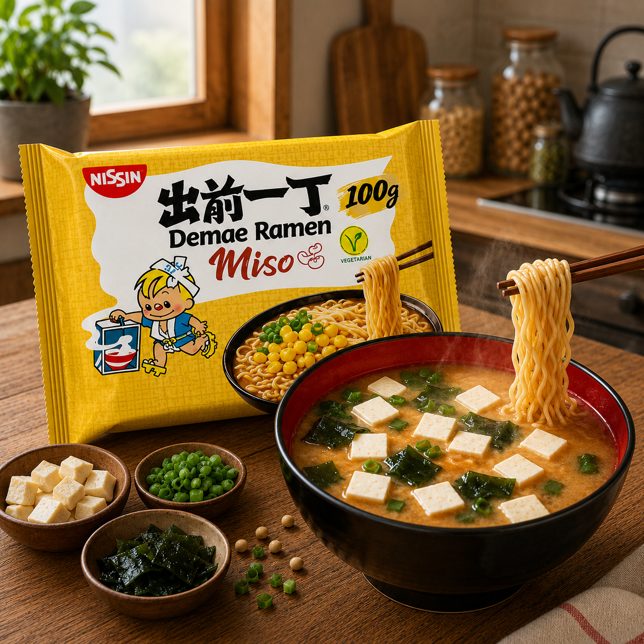 Nissin Demae Miso Vegetarian Ramen 100 g served with tofu, wakame and spring onion