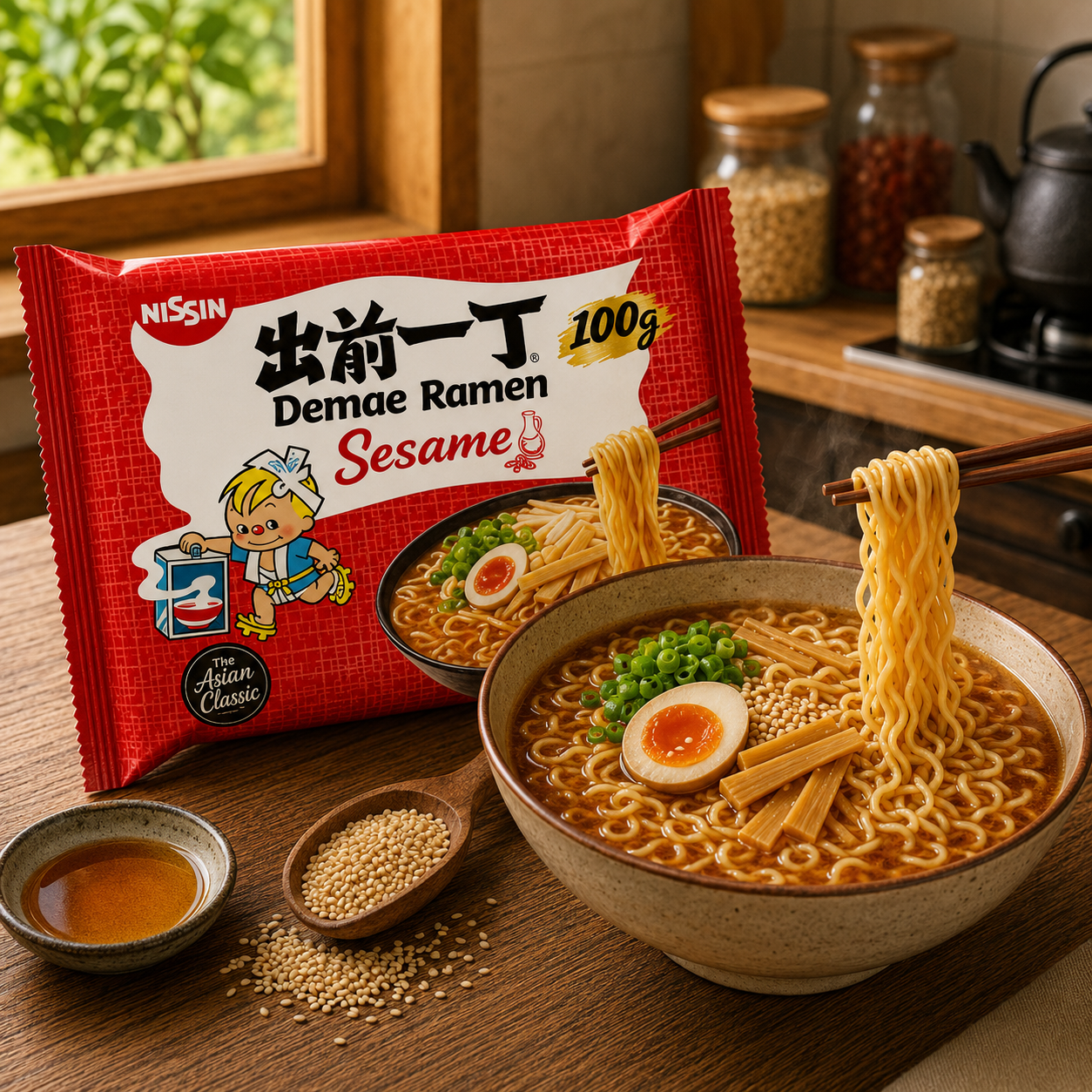 Nissin Demae Sesame Ramen 100 g with prepared sesame ramen