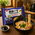 Nissin Demae Shoyu Soy Sauce Ramen 100 g with prepared ramen in a warm kitchen