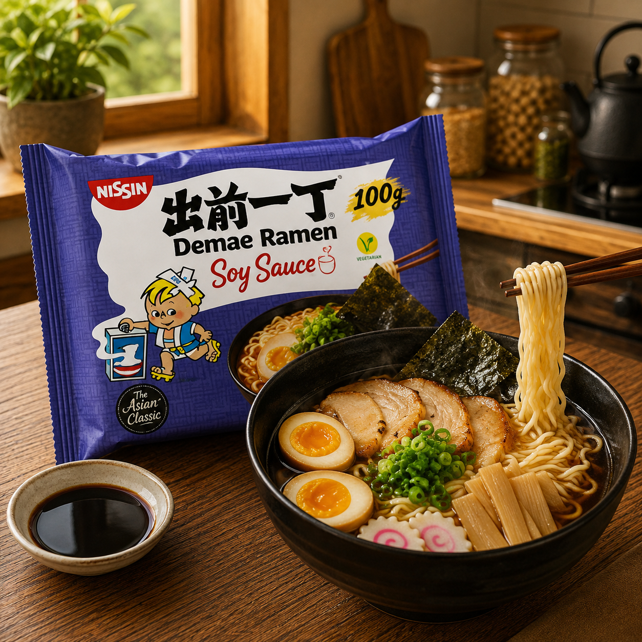 Nissin Demae Shoyu Soy Sauce Ramen 100 g with prepared ramen in a warm kitchen