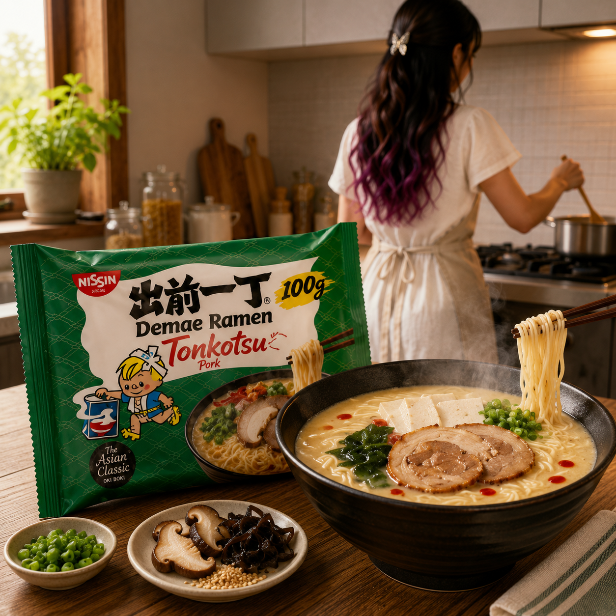 Nissin Demae Tonkotsu Ramen 100 g with prepared tonkotsu ramen and Ailin cooking in the background