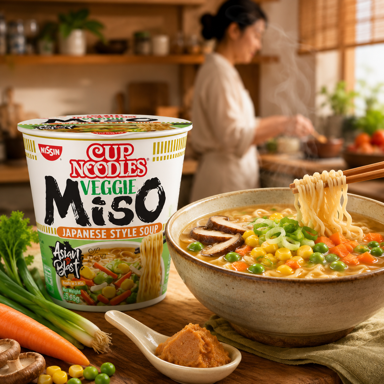 Nissin Veggie Miso Cup Noodles with prepared miso ramen