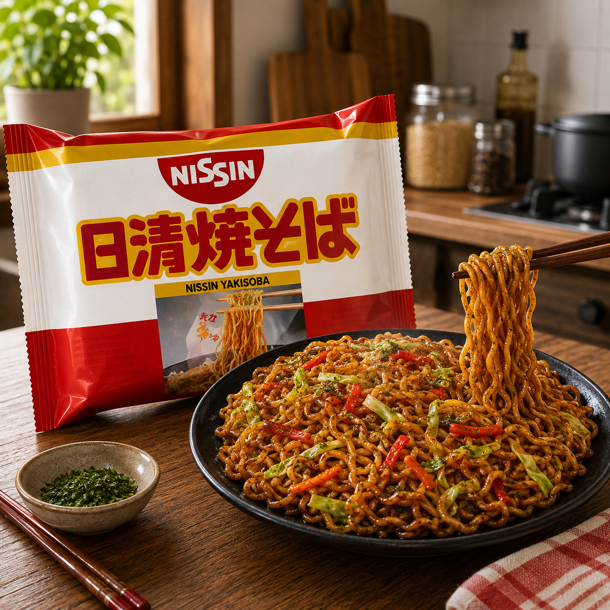 Nissin Yakisoba 100 g with prepared yakisoba noodles in a warm kitchen