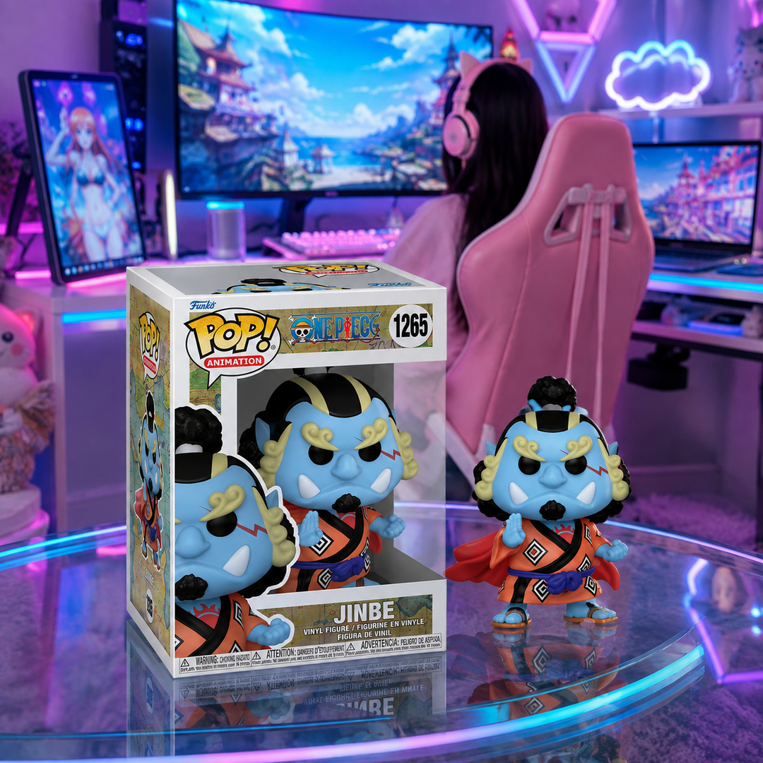 One Piece Jinbe figure 1265 displayed in a pink LED gaming room