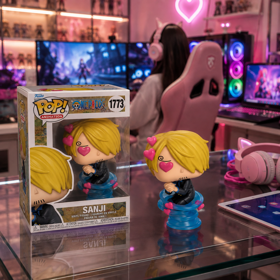 One Piece Sanji in Love 1773 collectible figure in a pink RGB gaming room