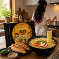 Oyakata Chicken Ramen 83 g with prepared chicken ramen and Ailin cooking in the background