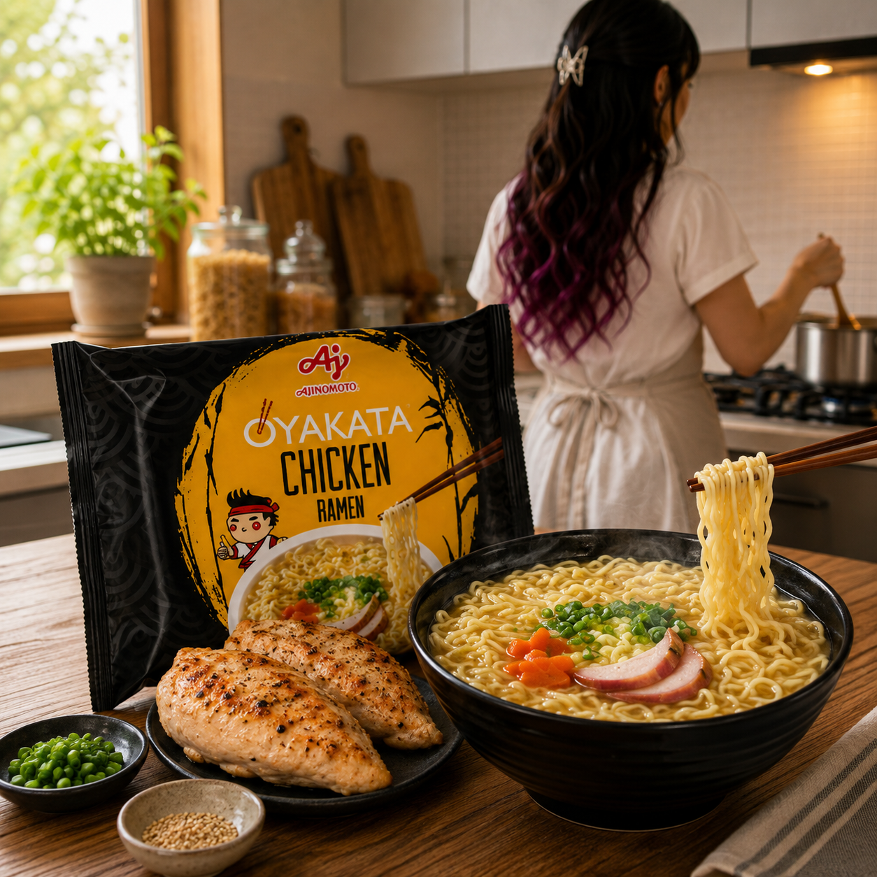 Oyakata Chicken Ramen 83 g with prepared chicken ramen and Ailin cooking in the background