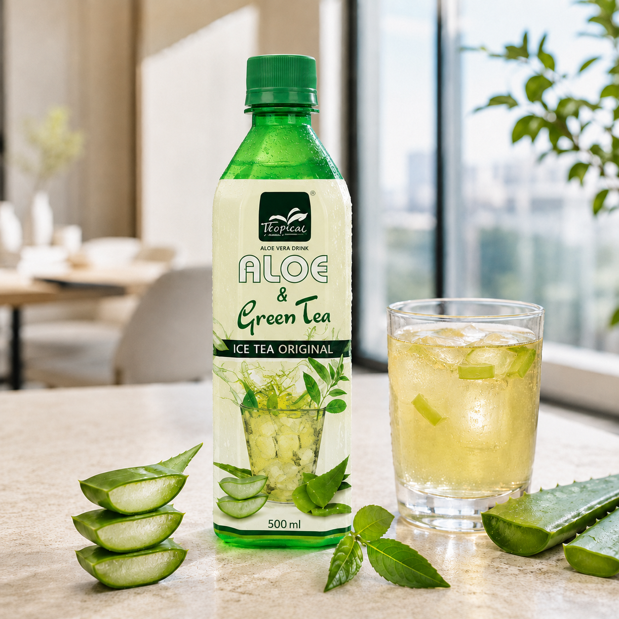 Tropical aloe vera and green tea iced tea 500 ml bottle with iced glass and fresh aloe
