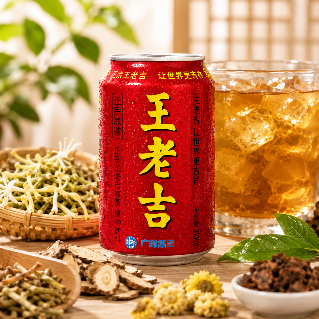 Wang Lao Ji herbal tea 310 ml served cold with ice and herbs